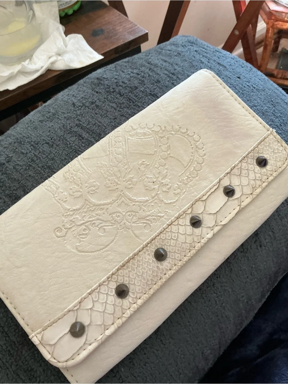 Women's Embossed Cream Wallet with Studded Snake-Trim